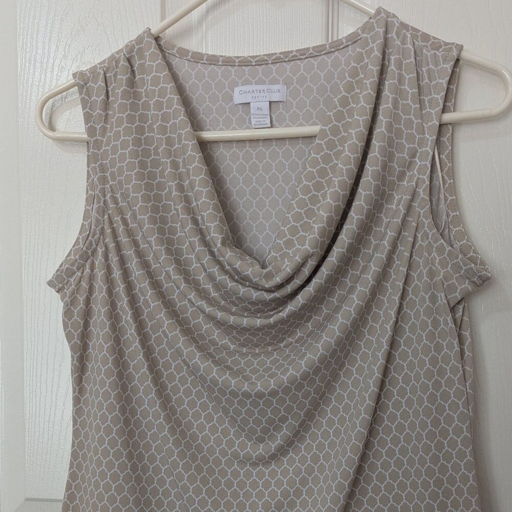 Charter Club Blouse, Size PS - beige and white, draped collar